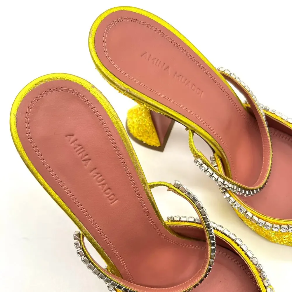 AMINA MUADDI Glitter Gilda Heeled Mule Women 8 Yellow Rhinstone Strap Pointy Toe - Picture 15 of 16